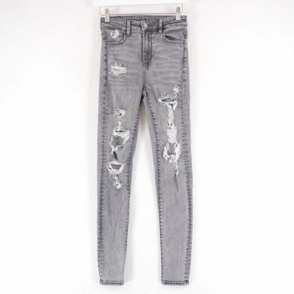 American Eagle Next Level Stretch Gray Denim Jeans 0R 25/29 Factory Distressed - Picture 1 of 9